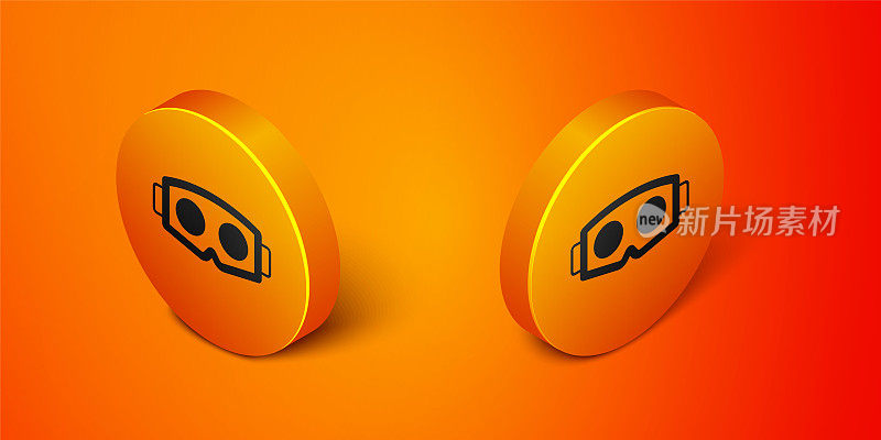 等距虚拟现实眼镜图标孤立在橙色背景。立体3d vr面具。光学头戴式显示器。橙色圆圈按钮。向量